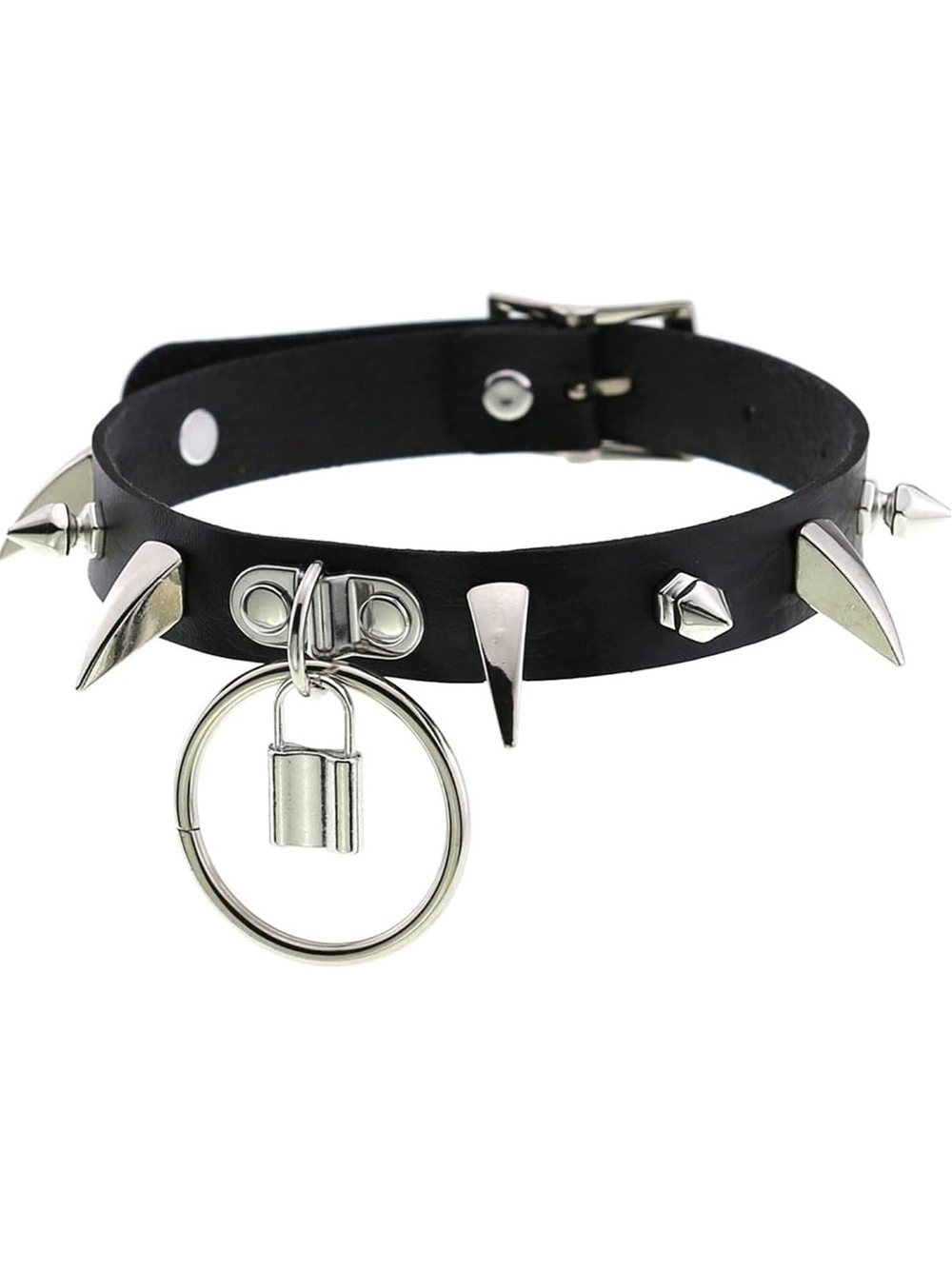 Black Spike Studded Choker Necklace with 0 Ring and Lock Accent